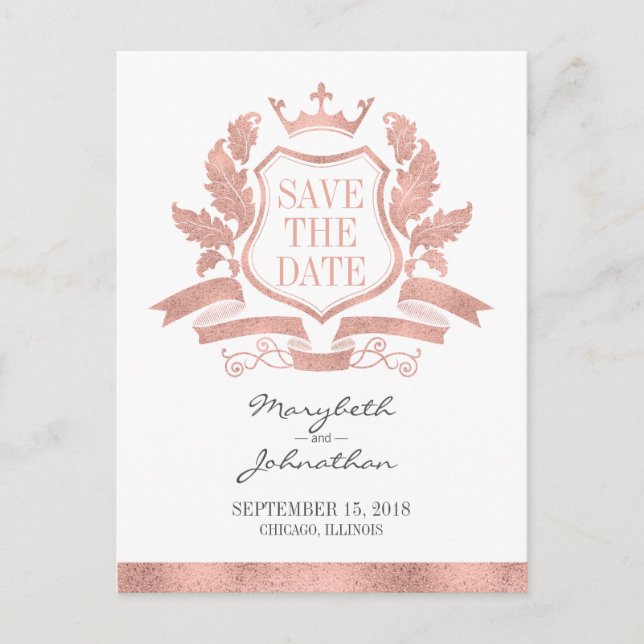 Classic Rose Gold Crest Enregistrer La Date Carte  (Devant)