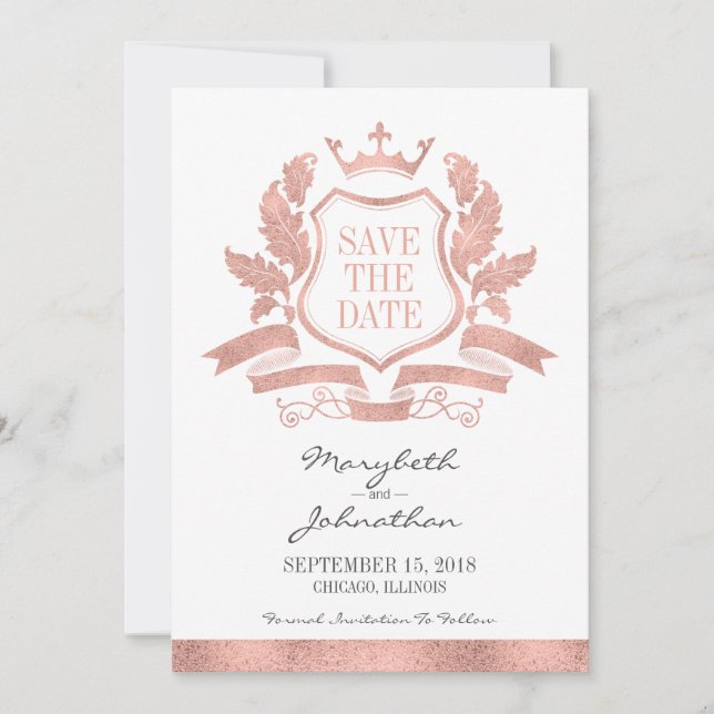 Classic Rose Gold Crest Save The Date Card (Front)