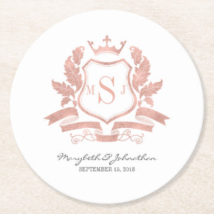 Classic Rose Gold Crest Wedding Paper Coaster
