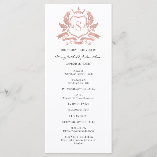 Classic Rose Gold Crest Wedding Program (Front)