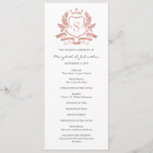 Classic Rose Gold Crest Wedding Program (Front)