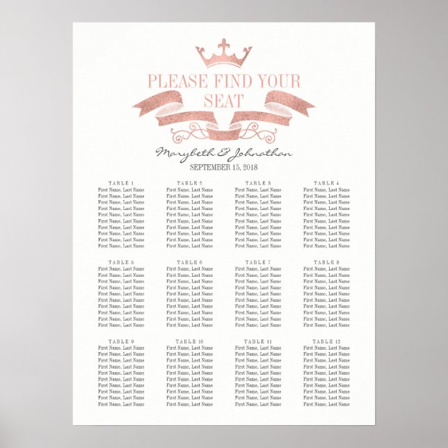 Classic Rose Gold Crest Wedding Seating Chart Sign (Front)