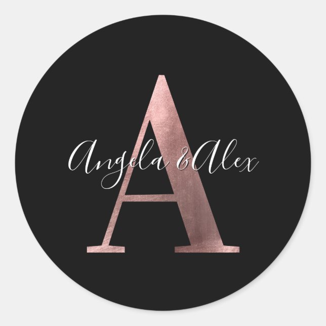 Classic Rose Gold Foil Wedding Monogram A Black Classic Round Sticker (Front)
