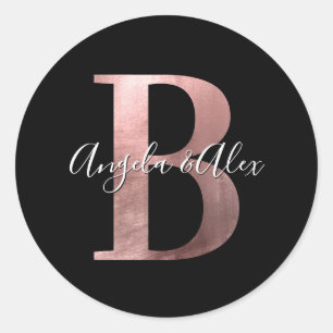 Classic Rose Gold Foil Wedding Monogram B Black Round Sticker