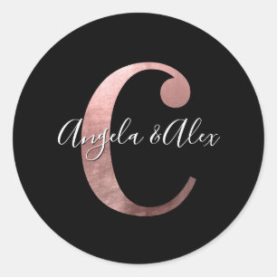 Classic Rose Gold Foil Wedding Monogram C Black Round Sticker