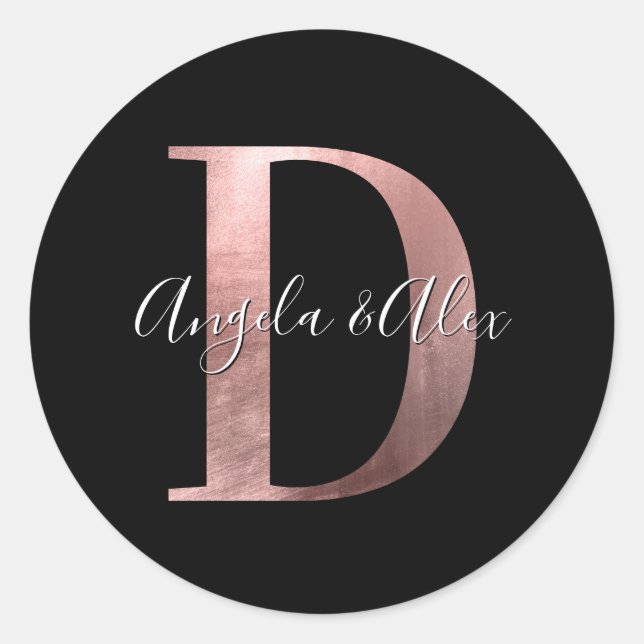Classic Rose Gold Foil Wedding Monogram D Black Classic Round Sticker (Front)