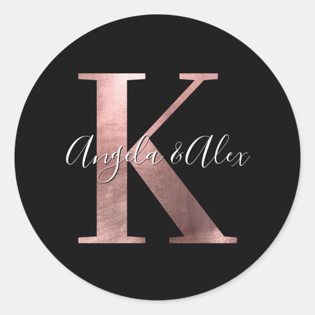 Classic Rose Gold Foil Wedding Monogram K Black Classic Round Sticker (Front)