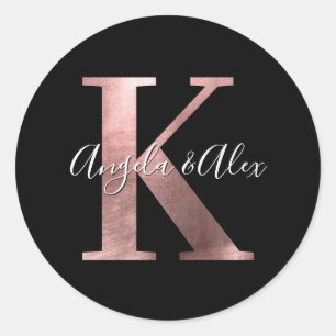 Classic Rose Gold Foil Wedding Monogram K Black Round Sticker