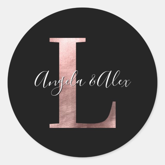 Classic Rose Gold Foil Wedding Monogram L Black Round Sticker (Front)