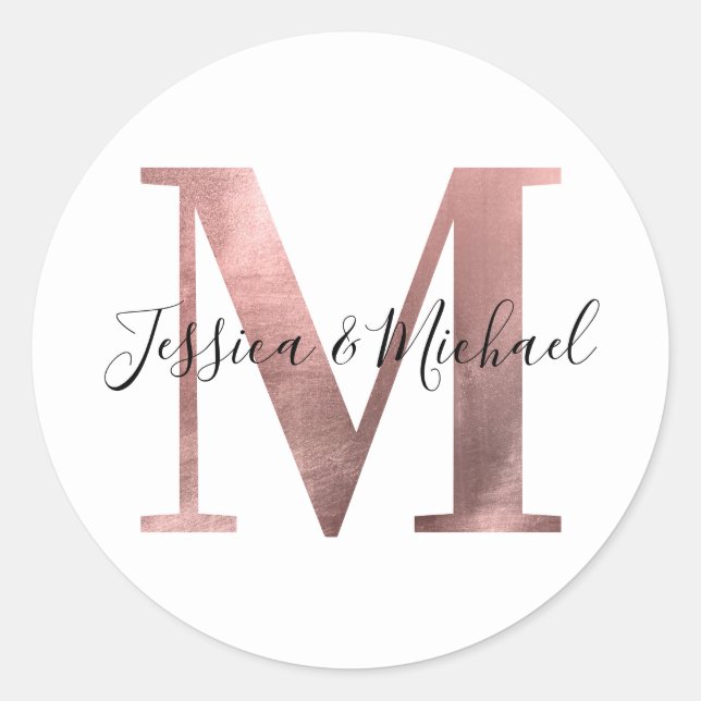 Classic Rose Gold Foil Wedding Monogram M Round Sticker (Front)