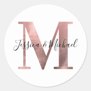 Classic Rose Gold Foil Wedding Monogram M Round Sticker