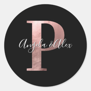 Classic Rose Gold Foil Wedding Monogram P Black Round Sticker