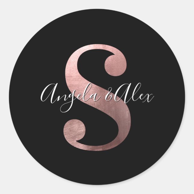 Classic Rose Gold Foil Wedding Monogram S Black Round Sticker (Front)
