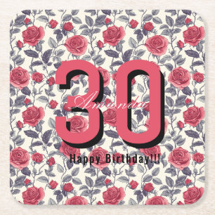 Classic Rose Themed 20Th Birthday Square Paper Coaster