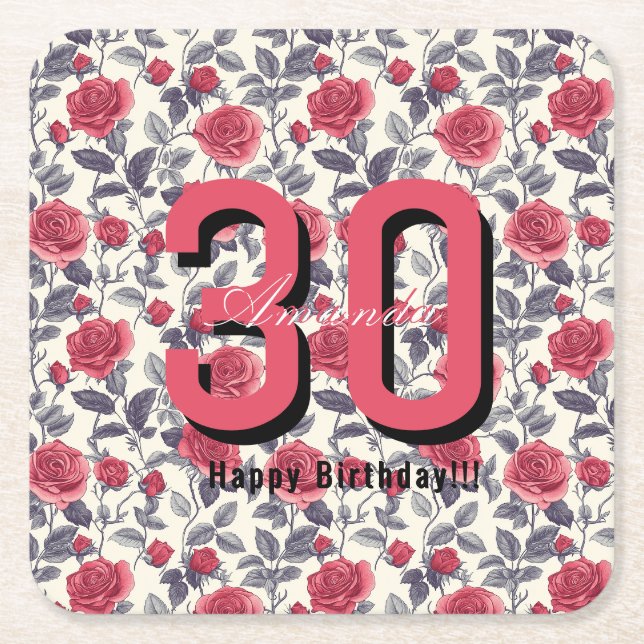 Classic Rose Themed 20Th Birthday Square Paper Coaster (Front)