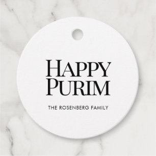 Classic Round Family Name Happy Purim Favor Tags