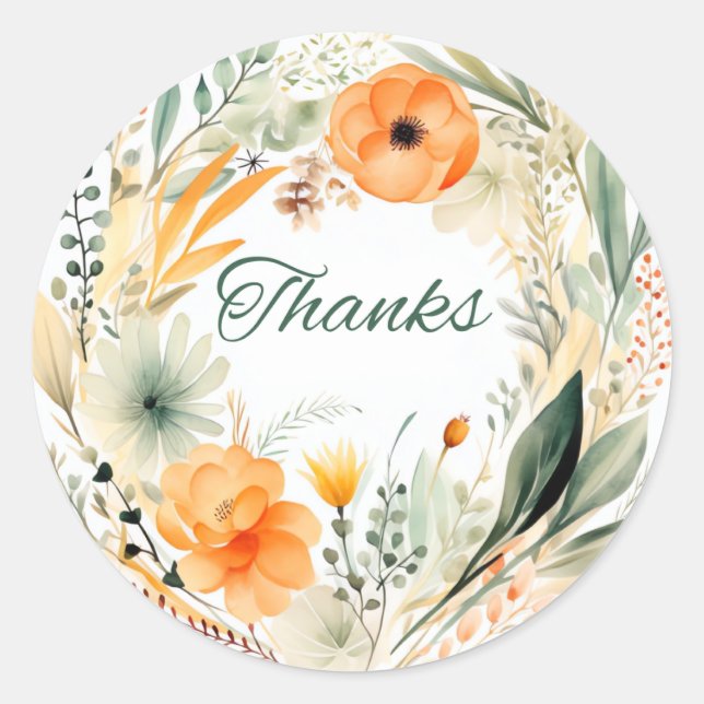 Classic Round Floral Thanks Stickers (Front)