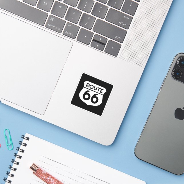 Classic Route 66 highway sign logo vinyl sticker (Laptop w/ iPhone)