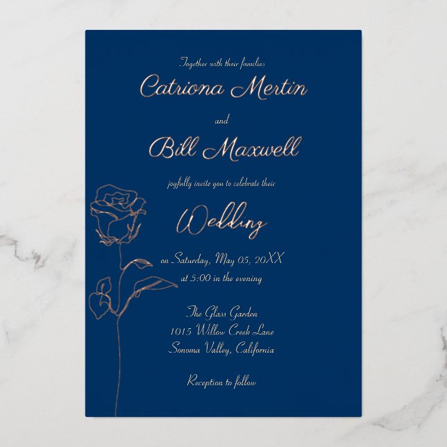 Classic Royal Blue & Rose Foil Wedding Invitation (Front)