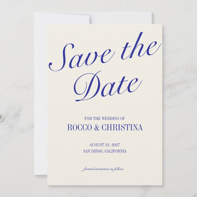 Classic Royal Blue Save the Date Card (Front)