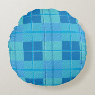 Classic Royal Sky Blue Plaid Aesthetic Round Pillow