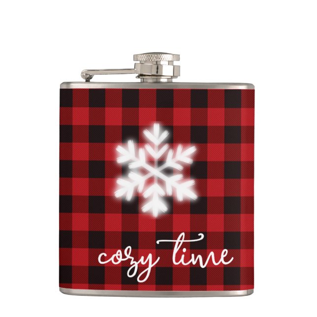 Classic rustic cozy red black plaid pattern  hip flask (Front)