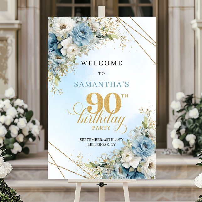 Classic Rustic dusty blue gold 90 birthday welcome Poster (Classic Rustic dusty blue gold 90th birthday welcome)