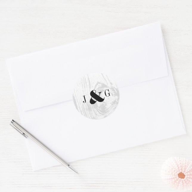 Classic Rustic Wood Grain White Winter Wedding Classic Round Sticker (Envelope)