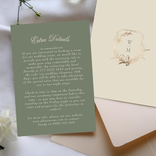Classic Sage & Cream Monogram Gold Crest Details Enclosure Card (Creator Uploaded)