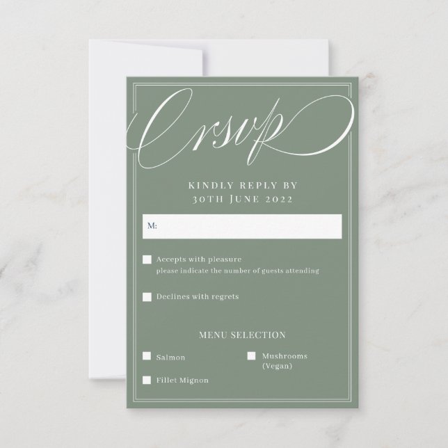 Classic Sage Elegant Script Calligraphy Wedding  RSVP Card (Front)