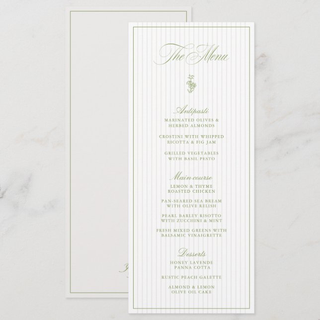 Classic Sage Green & Beige Striped Wedding Menu Invitation (Front/Back)