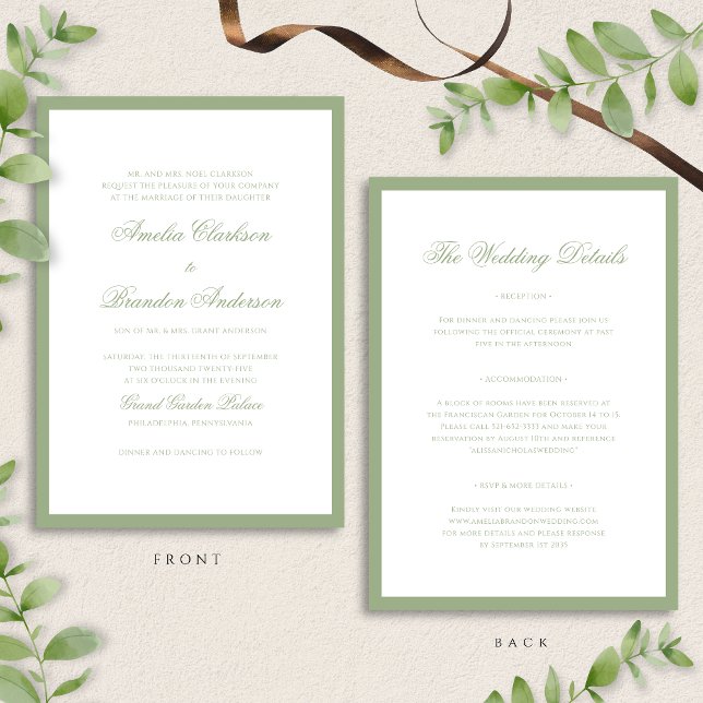 Classic Sage Green Border Script Wedding Details & Invitation (Creator Uploaded)