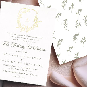 classic sage green botanical gold monogram crest
