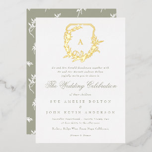 classic sage green botanical gold monogram crest