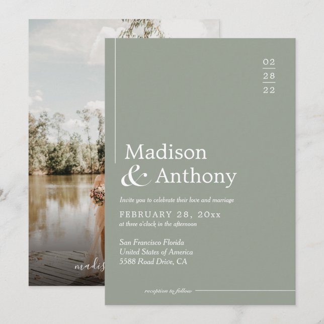 Classic Sage Green Budget Script Photo Wedding Invitation (Front/Back)