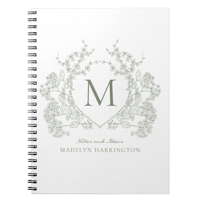 Classic Sage Green Crest Floral Carnet Monogramme (Devant)