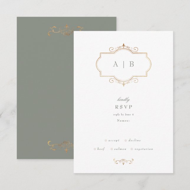 classic sage green elegant gold monogram wedding RSVP card (Front/Back)