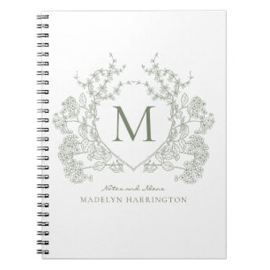 Classic Sage Green Floral Crest Monogram Notebook