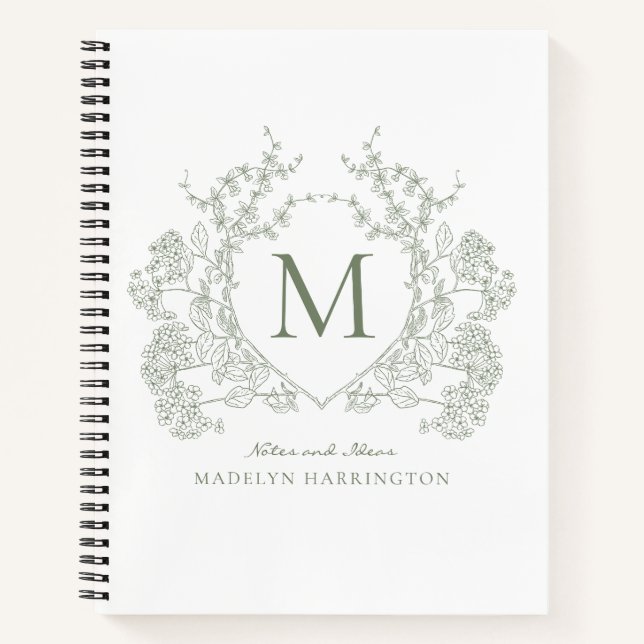 Classic Sage Green Floral Crest Monogram Notebook (Front)
