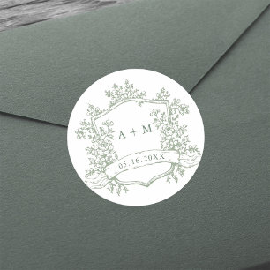 Classic Sage Green Floral Crest Monograms Round Sticker