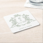 Classic Sage Green Floral Crest Monograms Wedding  Square Paper Coaster<br><div class="desc">Classic sage green floral crest wedding paper coaster with monograms,  perfect for a modern classic or romantic vintage wedding. For more advanced customization of this design,  please click the BLUE DESIGN TOOL BUTTON above! Matching items are also available.</div>