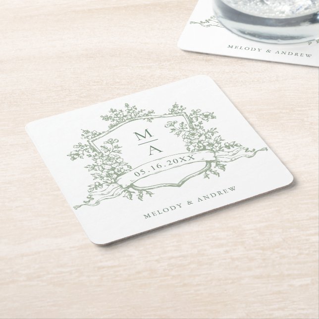 Classic Sage Green Floral Crest Monograms Wedding  Square Paper Coaster (Angled)