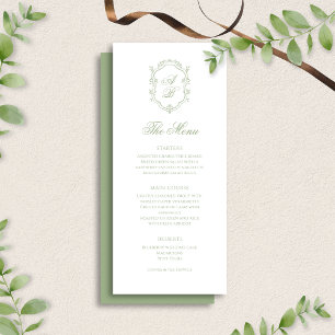 Classic Sage Green Floral Monogram Crest Wedding Menu