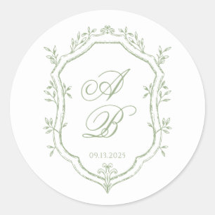 Classic Sage Green Floral Monogram Crest Wedding Round Sticker