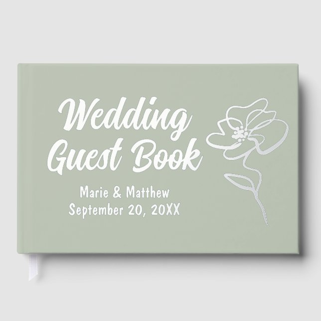 Classic Sage Green Floral Sketch Foil Guestbook (Front)
