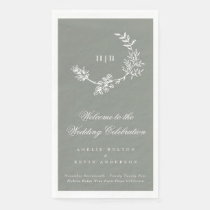 Classic Sage Green Floral Wreath Monogram Wedding Napkin