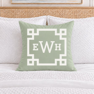 Classic Sage Green Greek Key Monogram Initial Throw Pillow