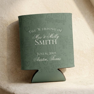 Classic Sage Green Hand Drawn Sketch Wedding Favou Can Cooler