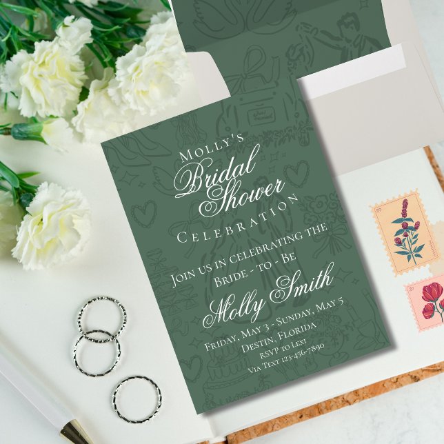 Classic Sage Green Hand Drawn Wedding Sketch Art  Envelope (Sage Green envelope with classic wedding sketch art – perfect for engagement or bridal celebrations!)