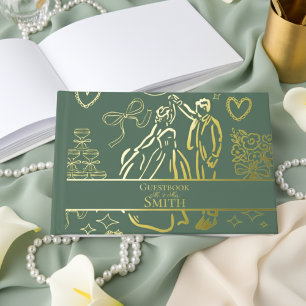 Classic Sage Green Hand Drawn Wedding Sketch Art Guest Book